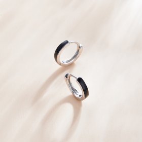 Pandora Style Silver Hoop Earrings, Anti-Allergy, Black Enamel - SCE1047