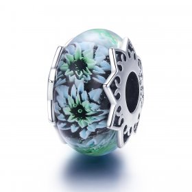 Silver Cyan Chrysanthemum Glass Murano Charm - PANDORA Style - SCC1011