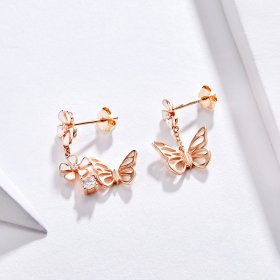 Pandora Style Rose Gold Dangle Earrings, Dancing Butterfly - BSE100