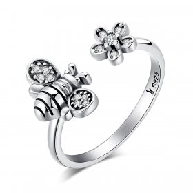 Silver Bee and Flower Ring - PANDORA Style - SCR086