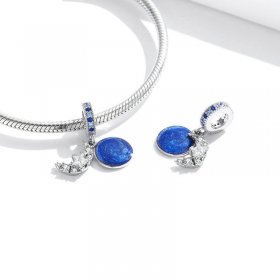 Pandora Style Silver Dangle Charm, I Love You Moon, Blue Enamel - BSC331