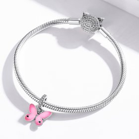 Pandora Style Silver Dangle Charm, Pink Butterfly, Pink Enamel - SCC1728