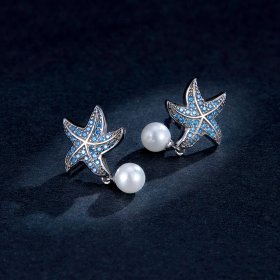 Pandora Style Silver Stud Earrings, Starfish With Pearls - BSE405
