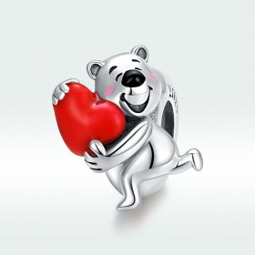 Pandora Style Silver Charm, Polar Bear With Heart, Red Enamel - SCC1610