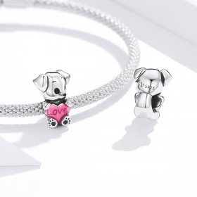 Pandora Style Silver Charm, Cute Puppy, Pink Enamel - SCC1677