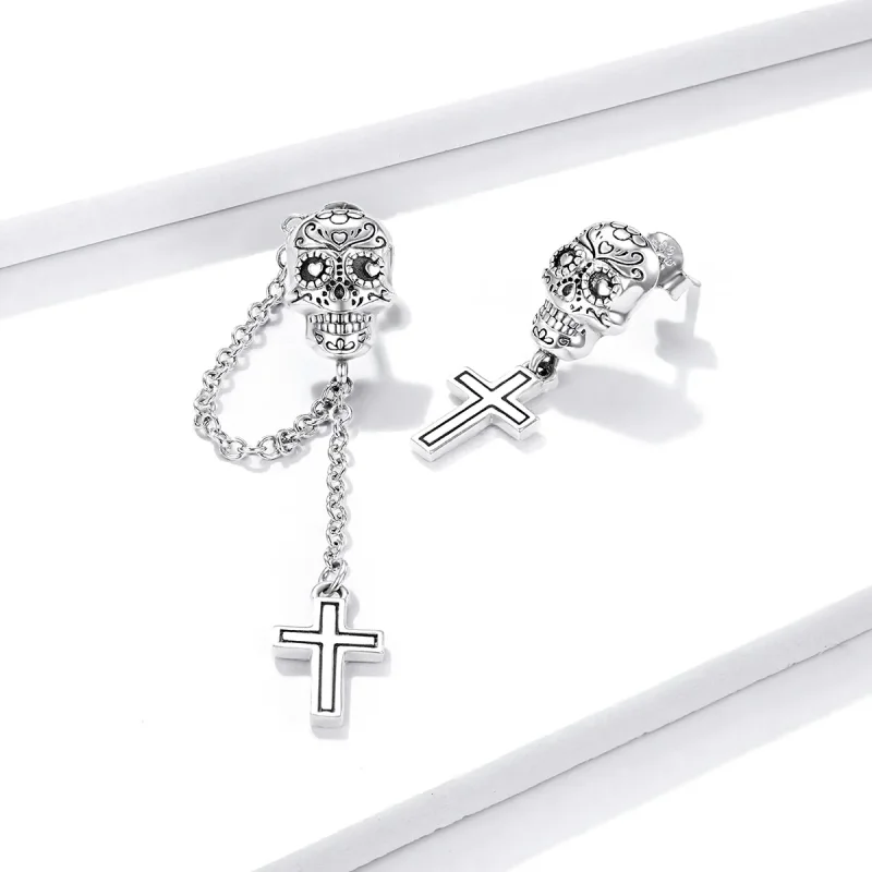 (image for) PANDORA Style Skull Cross Drop Earrings - BSE419 - View 3