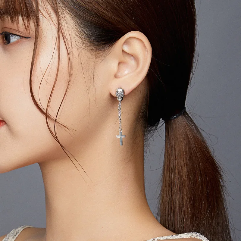 (image for) PANDORA Style Skull Cross Drop Earrings - BSE419 - View 6