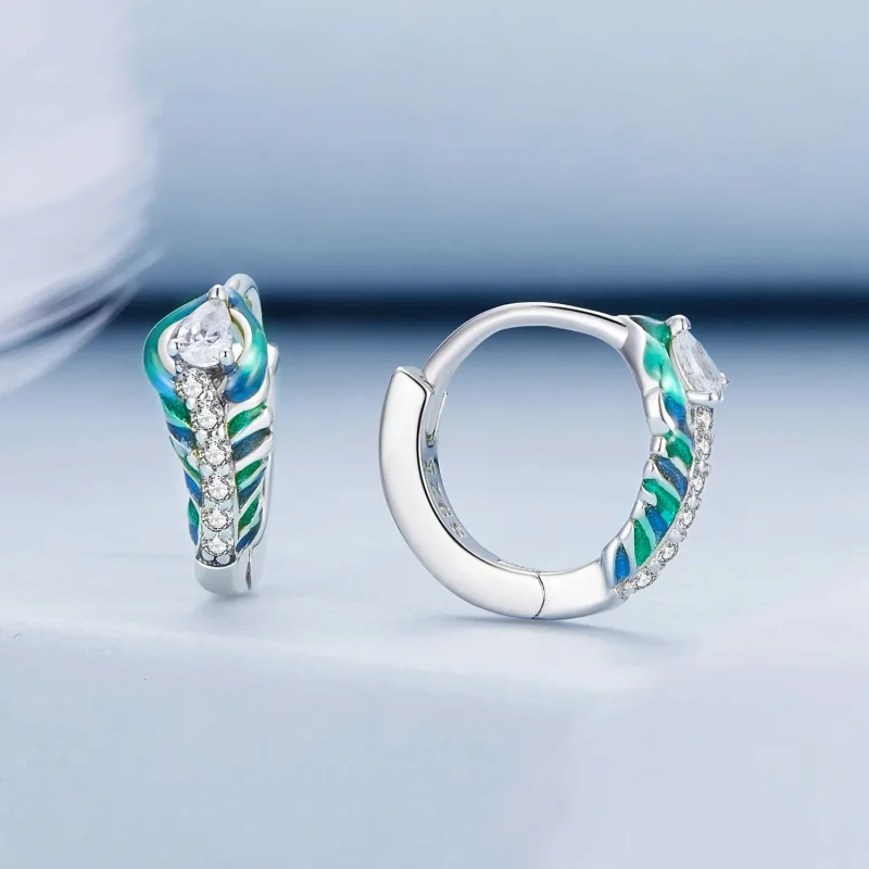 (image for) Pandora-inspired Feather Hoop Earrings - BSE882 - View 2