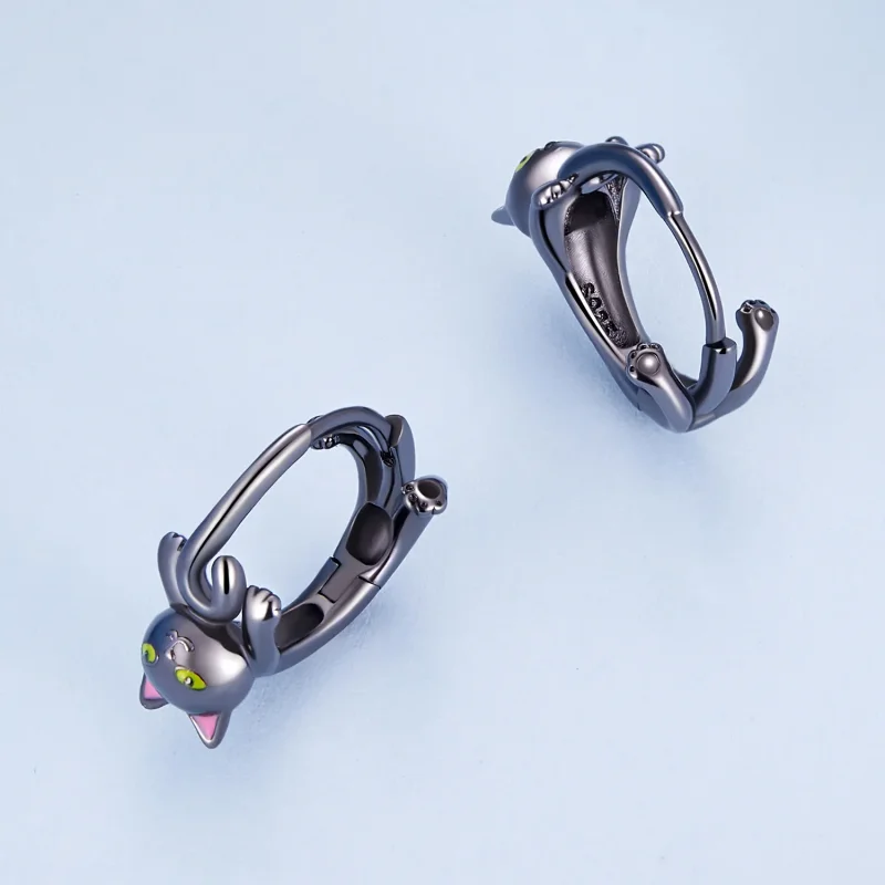 (image for) Pandora Style Black Cat Hoop Earrings - BSE798 - View 3