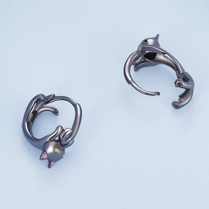 (image for) Pandora Style Black Cat Hoop Earrings - BSE798 - View 4