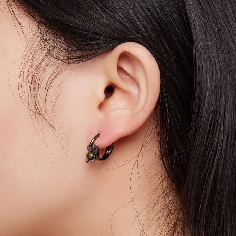 (image for) Pandora Style Black Cat Hoop Earrings - BSE798 - View 5