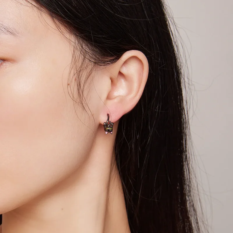 (image for) Pandora Style Black Cat Hoop Earrings - BSE798 - View 6