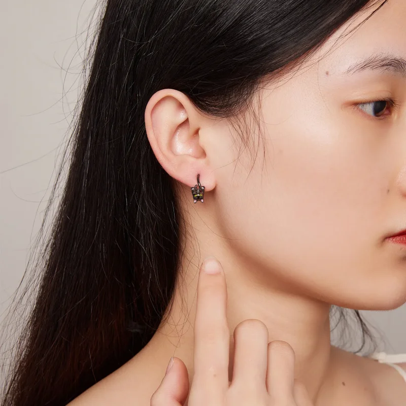 (image for) Pandora Style Black Cat Hoop Earrings - BSE798 - View 7