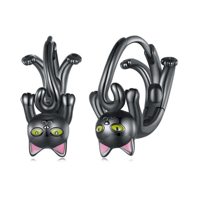 (image for) Pandora Style Black Cat Hoop Earrings - BSE798 - Product Image