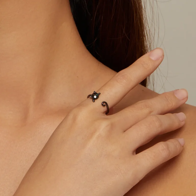 (image for) Pandora Style Black Cute Cat Open Ring - SCR707-D - View 4