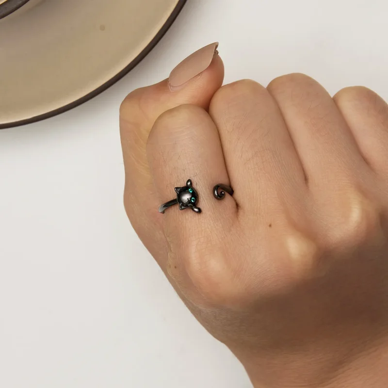 (image for) Pandora Style Black Cute Cat Open Ring - SCR707-D - View 6