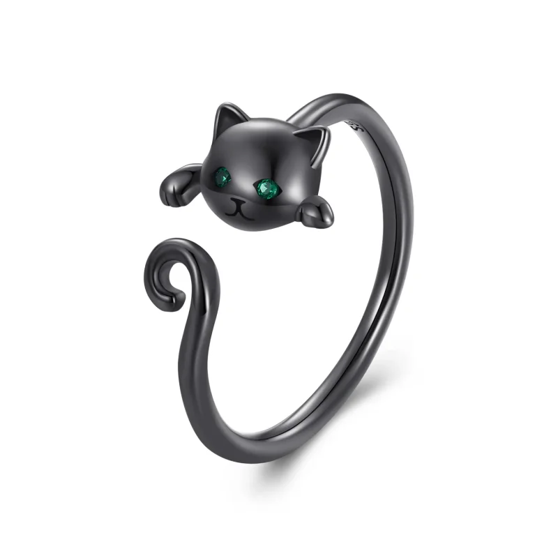 (image for) Pandora Style Black Cute Cat Open Ring - SCR707-D - Product Image