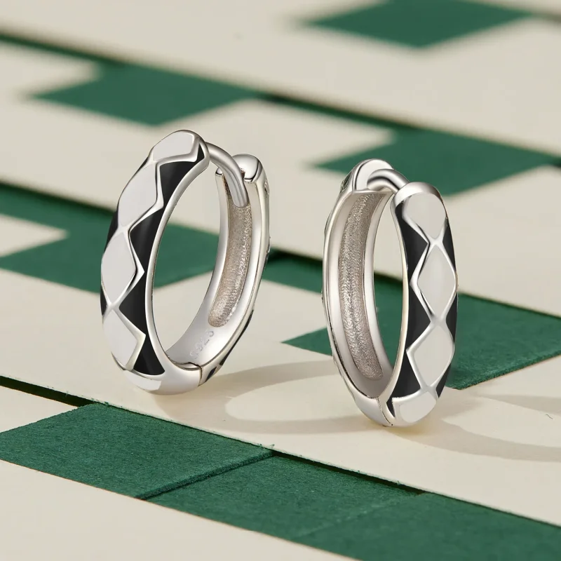 (image for) Pandora Style Diamond-shaped pattern Hoop Earrings - SCE1611-BK - View 3