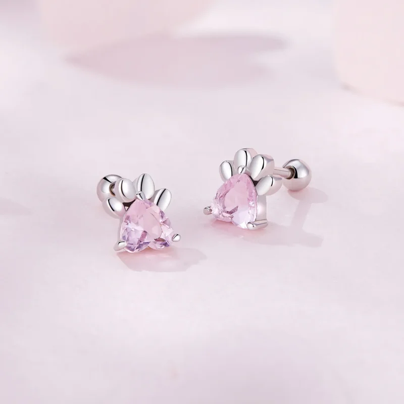 (image for) Pandora-style earrings adorned with adorable pink dog paw studs - SCE1574 - View 2