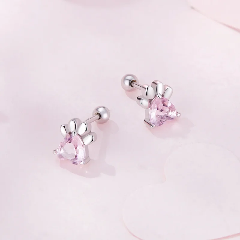 (image for) Pandora-style earrings adorned with adorable pink dog paw studs - SCE1574 - View 3
