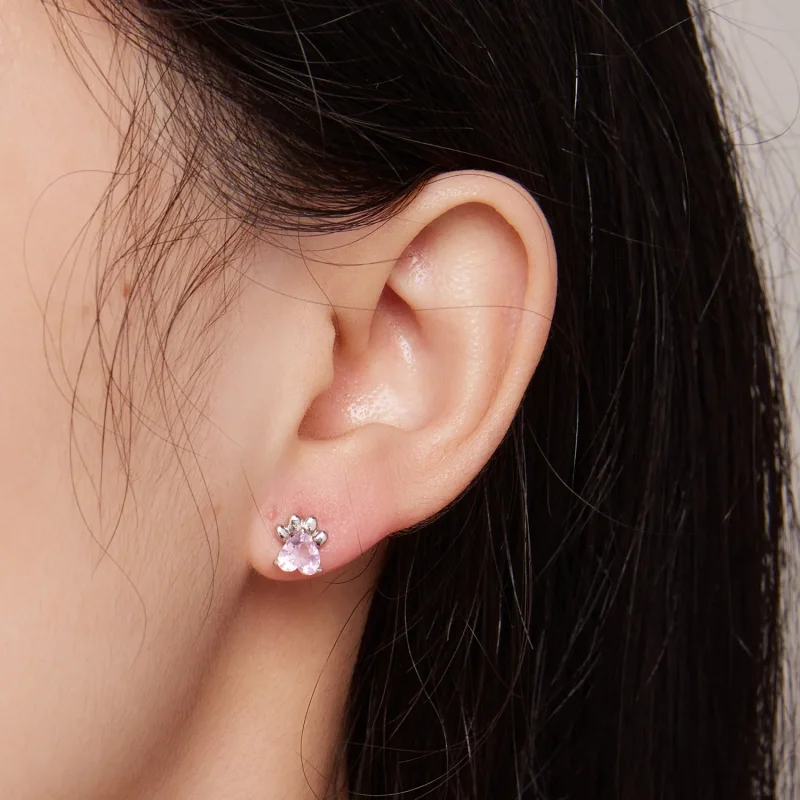 (image for) Pandora-style earrings adorned with adorable pink dog paw studs - SCE1574 - View 4