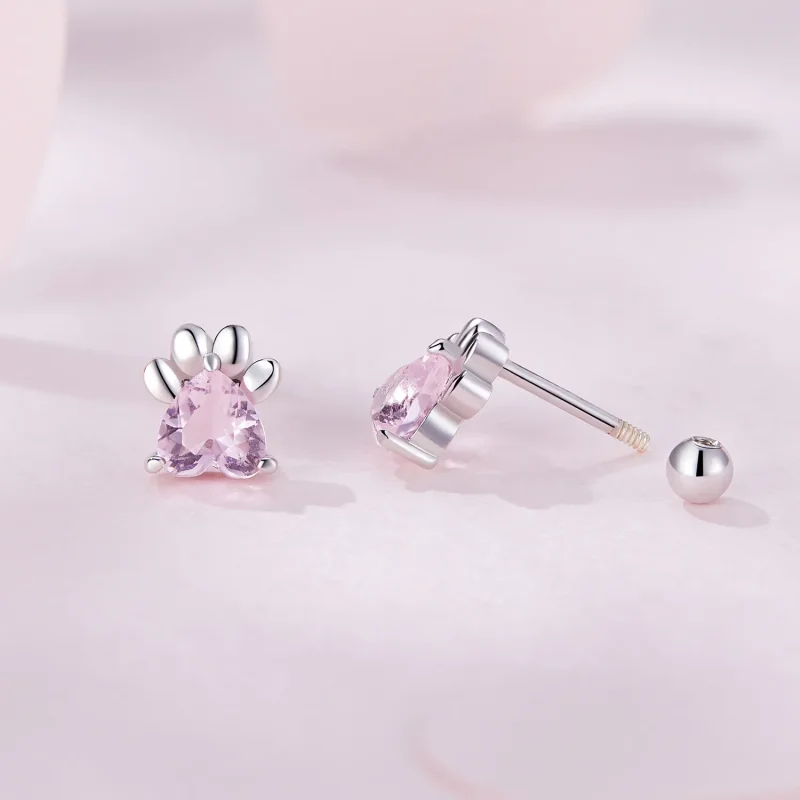 (image for) Pandora-style earrings adorned with adorable pink dog paw studs - SCE1574 - View 7