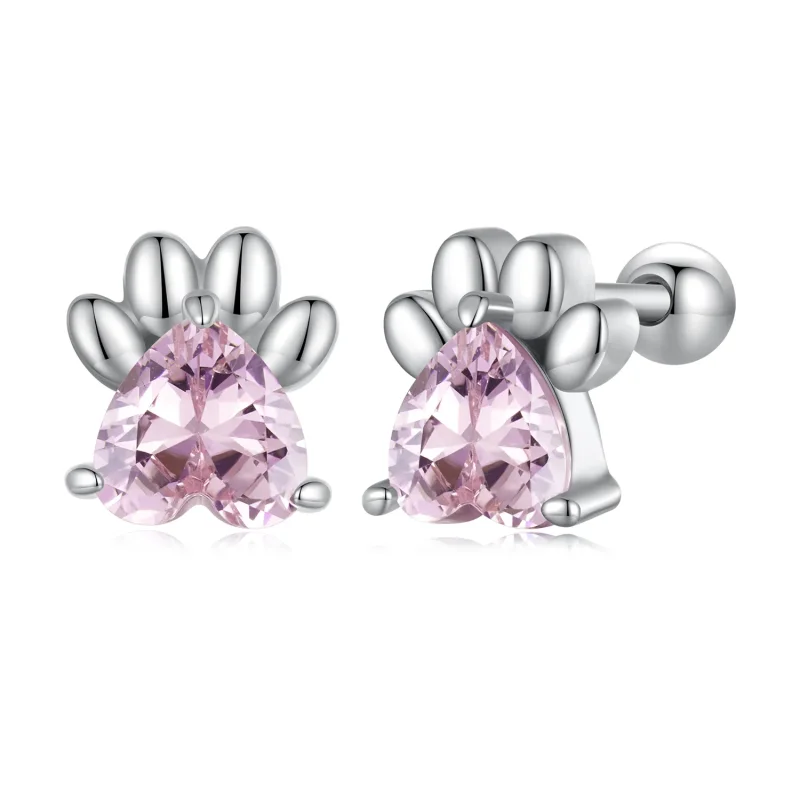 (image for) Pandora-style earrings adorned with adorable pink dog paw studs - SCE1574 - View 8