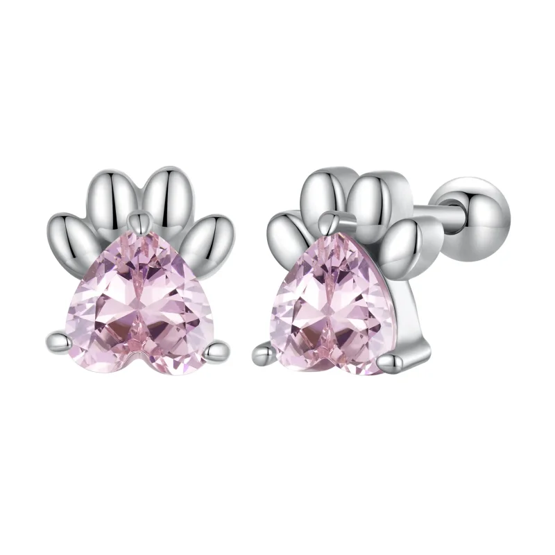(image for) Pandora-style earrings adorned with adorable pink dog paw studs - SCE1574 - Product Image