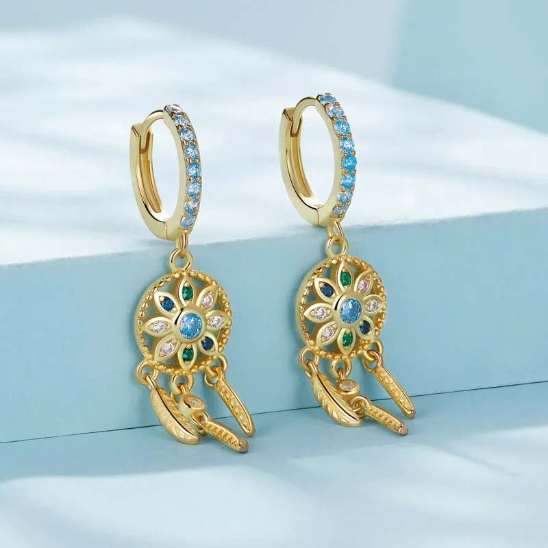 (image for) Pandora Style Golden Dreamcatcher Dangle Earrings - SCE713-B - View 2