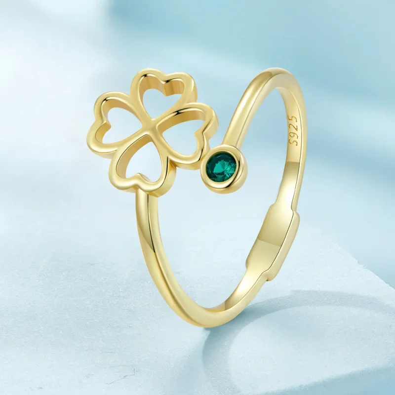 (image for) Pandora Style Golden Open Ring with a Four Leaf Clover - SCR843-B - View 2