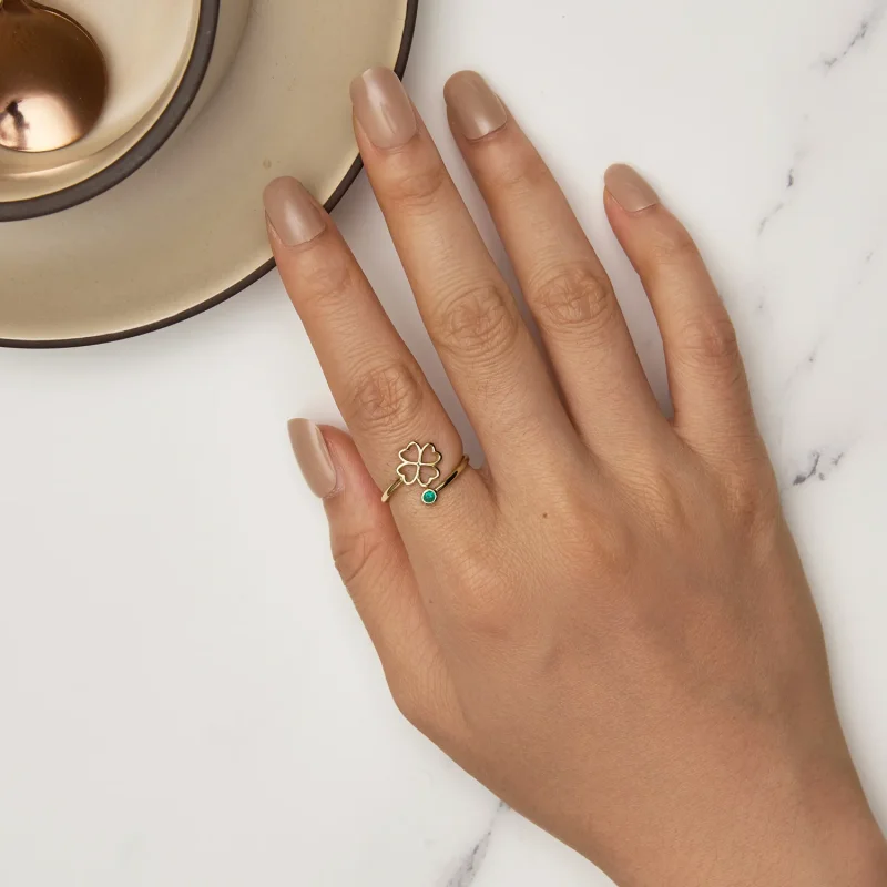 (image for) Pandora Style Golden Open Ring with a Four Leaf Clover - SCR843-B - View 5