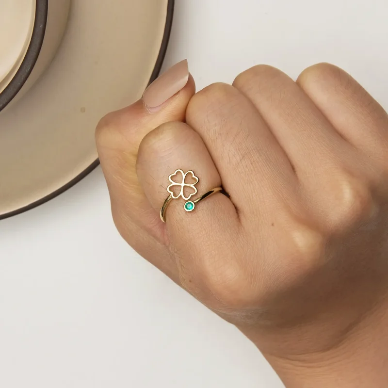 (image for) Pandora Style Golden Open Ring with a Four Leaf Clover - SCR843-B - View 6