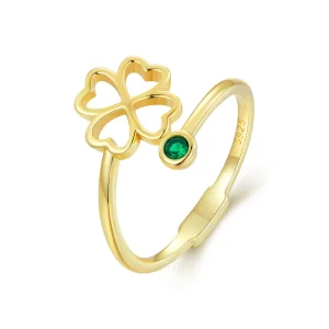 (image for) Pandora Style Golden Open Ring with a Four Leaf Clover - SCR843-B