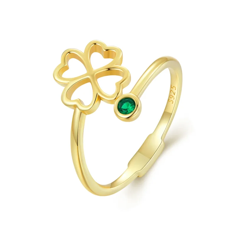 (image for) Pandora Style Golden Open Ring with a Four Leaf Clover - SCR843-B - Product Image