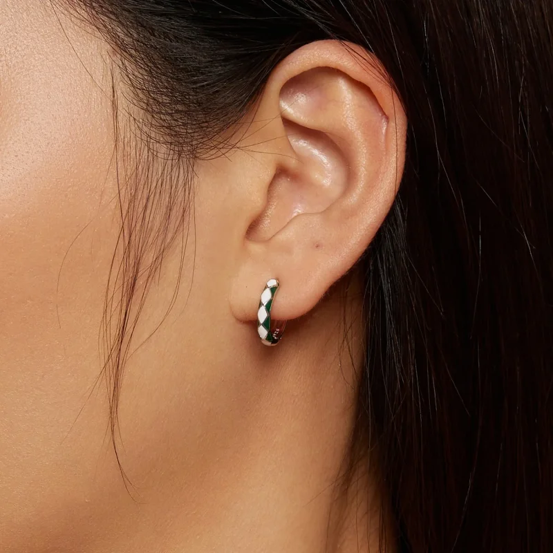 (image for) Pandora Style Green and white diamond pattern Hoop Earrings - SCE1611-GN - View 5