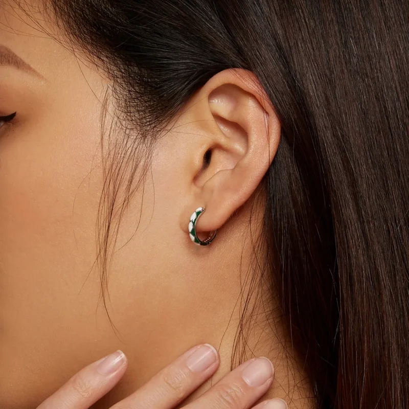 (image for) Pandora Style Green and white diamond pattern Hoop Earrings - SCE1611-GN - View 6