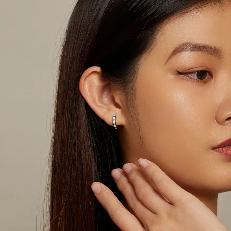 (image for) Pandora Style Green and white diamond pattern Hoop Earrings - SCE1611-GN - View 7