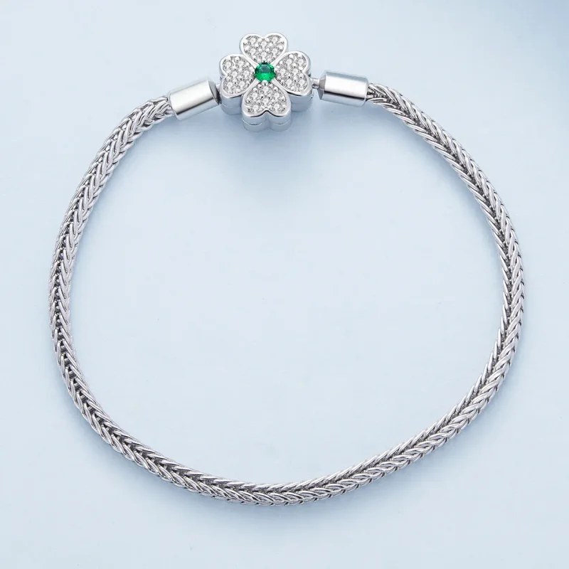 (image for) Pandora Style Green Zircon Lucky Four Leaf Clover Chain Bracelet - BSB119 - View 3