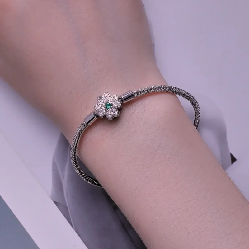 (image for) Pandora Style Green Zircon Lucky Four Leaf Clover Chain Bracelet - BSB119 - View 5