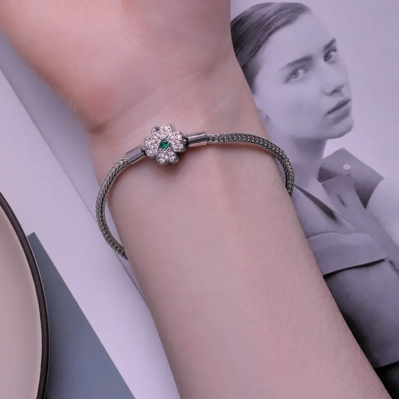 (image for) Pandora Style Green Zircon Lucky Four Leaf Clover Chain Bracelet - BSB119 - View 6