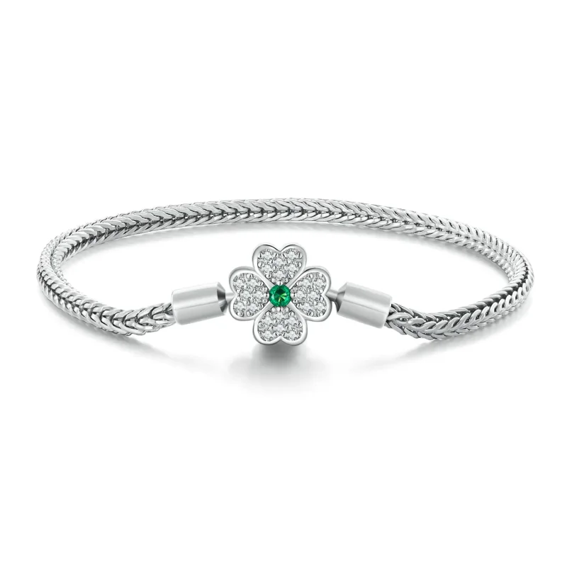 (image for) Pandora Style Green Zircon Lucky Four Leaf Clover Chain Bracelet - BSB119 - Product Image