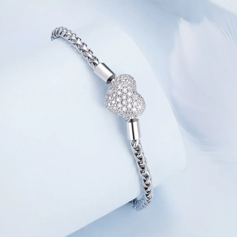 (image for) Pandora Style Heart Shape Sparkling Chain Bracelet - BSB133 - View 2