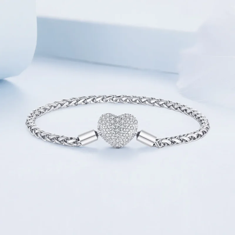 (image for) Pandora Style Heart Shape Sparkling Chain Bracelet - BSB133 - View 3