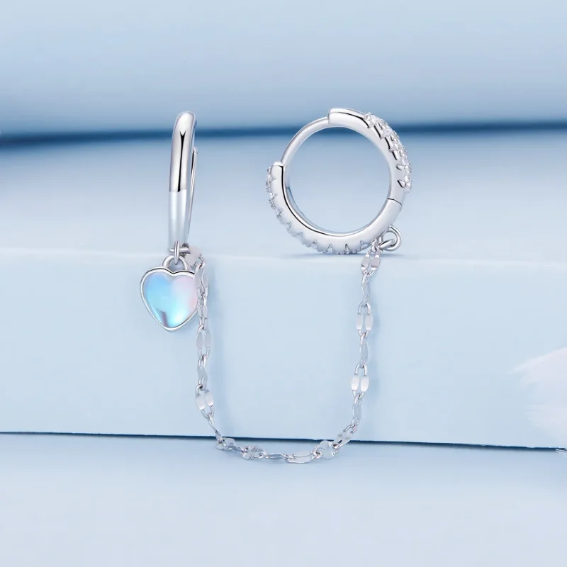 (image for) Pandora Style Heart Shaped Moonstone Chain Double Hoop Earrings - BSE809 - View 2