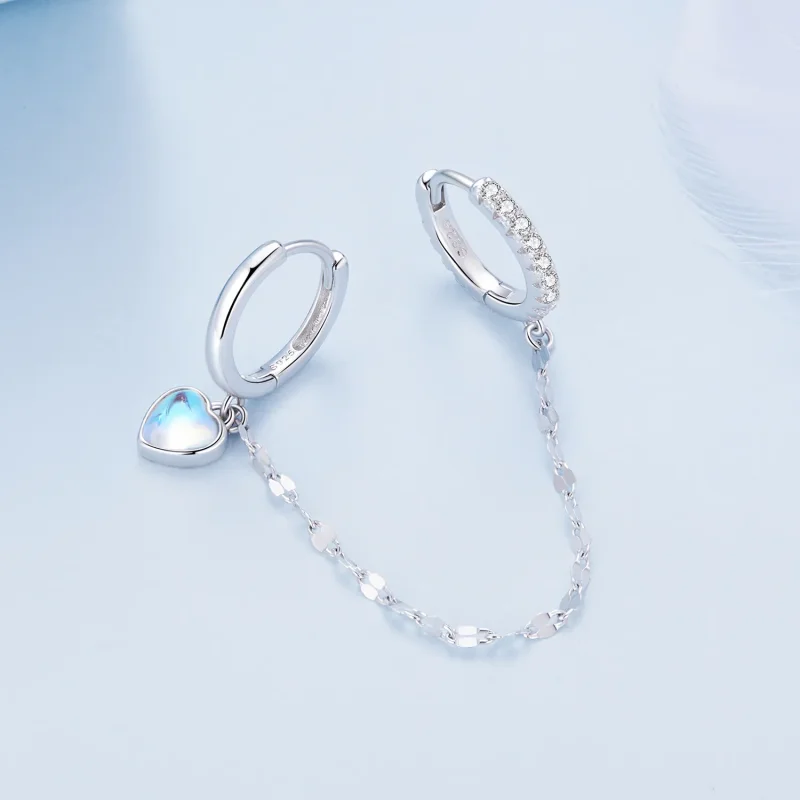 (image for) Pandora Style Heart Shaped Moonstone Chain Double Hoop Earrings - BSE809 - View 3
