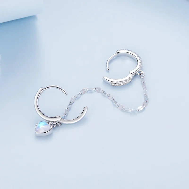 (image for) Pandora Style Heart Shaped Moonstone Chain Double Hoop Earrings - BSE809 - View 4