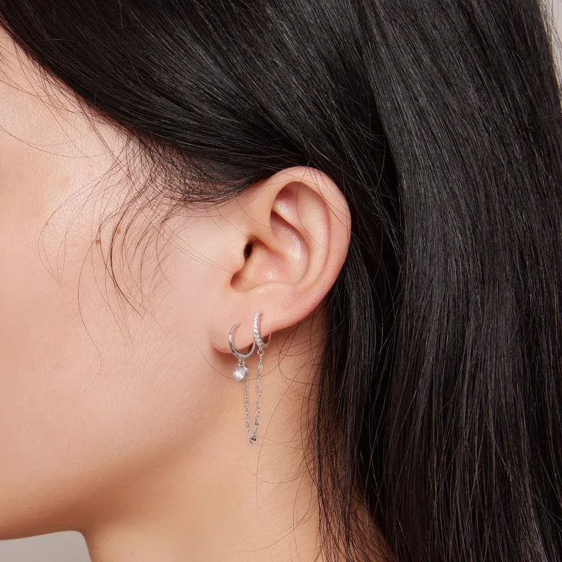 (image for) Pandora Style Heart Shaped Moonstone Chain Double Hoop Earrings - BSE809 - View 6