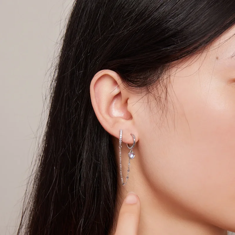 (image for) Pandora Style Heart Shaped Moonstone Chain Double Hoop Earrings - BSE809 - View 7