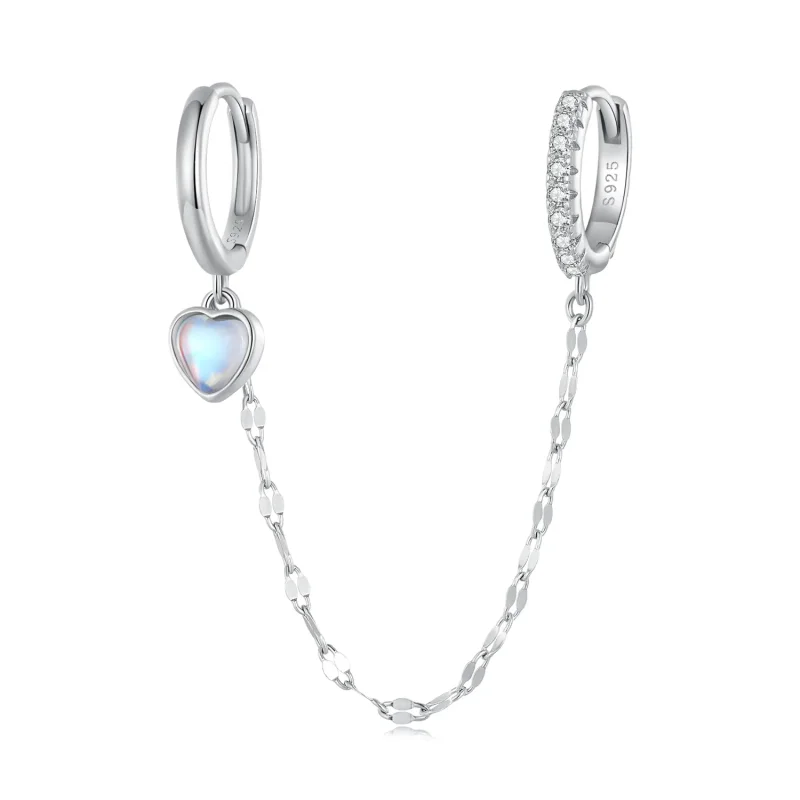 (image for) Pandora Style Heart Shaped Moonstone Chain Double Hoop Earrings - BSE809 - Product Image