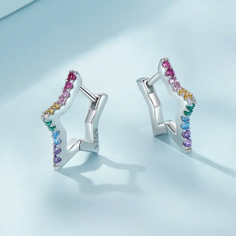 (image for) Pandora Style Iridescent Stars Hoop Earrings - SCE1627 - View 3